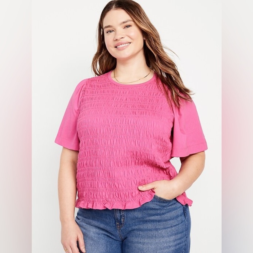 Old Navy Crewneck Short Flutter Sleeves Plus Size 2X Cotton Smocked Pink Top NWT